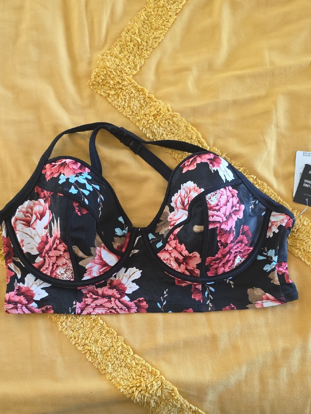 Floral Underwire Longline Bathing Suit Top - Black and Pink (TORRID)
